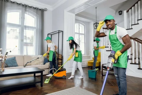 A diverse, smiling team of four professional cleaners posing in a bright office environment, representing the trusted and capable house cleaners in Toronto team.